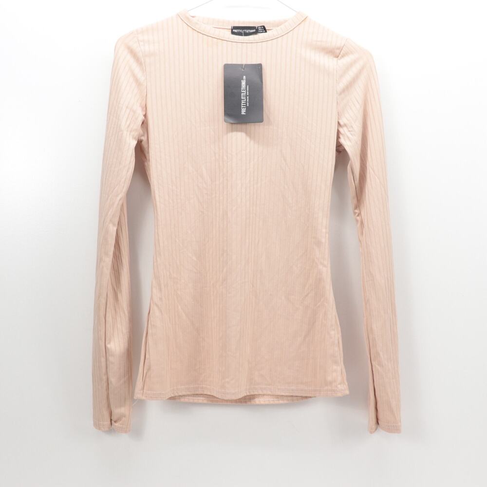 PRETTY LITTLE THING Women's Size 6 Rib Crew Neck Long Sleeve Top Color Stone NWT